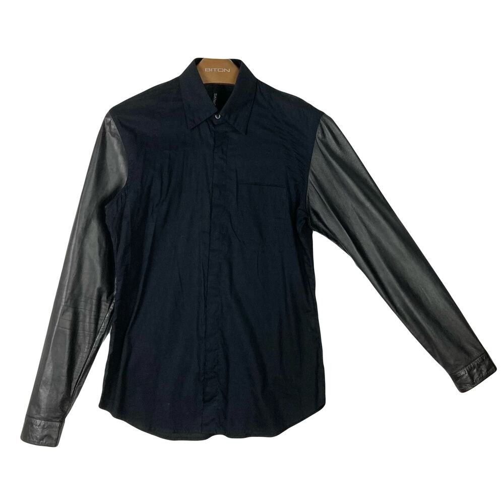 NWOT SKINGRAFT Shirt Men L Black Leather-Long-Sleeve Cotton-Body Hidden-ButtonUp